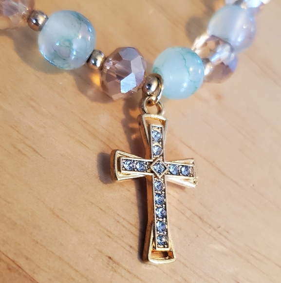 Gold and Genuine Green Stone Beaded Cross Bracelet - Picture 4 of 5